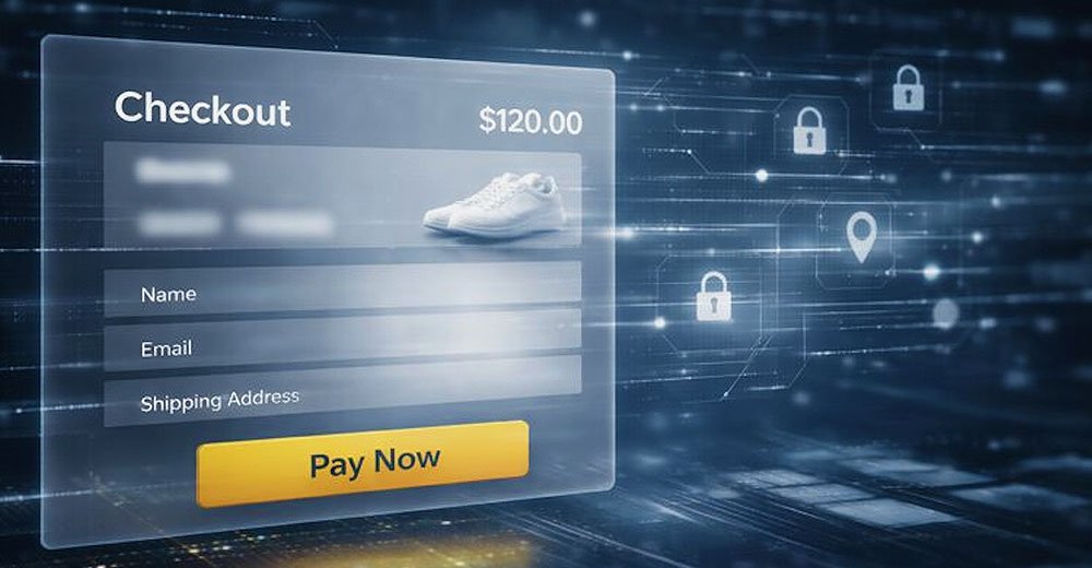 Autonomous e-commerce checkout screen showing obscured customer identity fields while a transaction proceeds.